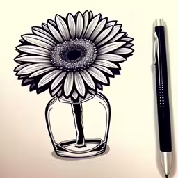 a pen drawing of a sunflower inside a vase,drawing a sunflower inside a glass vase next to a pen