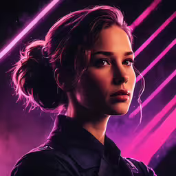 a woman with ponytails wearing a black shirt and dark dress,a woman in an all - purple shirt is looking into the distance