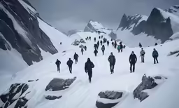 a crowd of people walking on top of a snow covered mountain