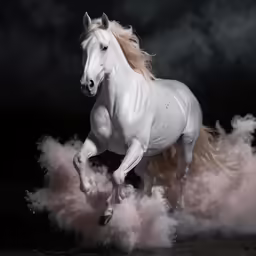 a white horse is galloping through pink fluffy smoke