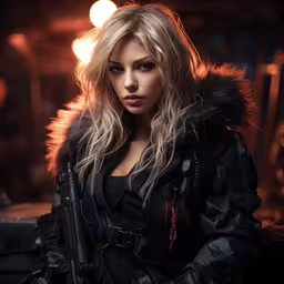 the girl in black has a gun in her hands,beautiful blonde female with a gun posing for picture