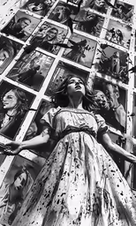 a woman with long hair wearing dress and holding arms out in front of a wall filled with photos