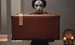 a woman with makeup on her face carrying a suitcase