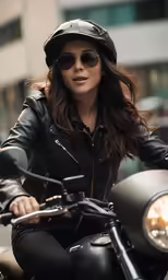 the woman is riding her motorcycle down the road