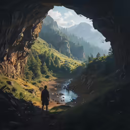 a man stands at the end of an empty cave