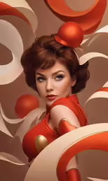 a woman with a red body and orange hair wearing a gold collar and sleeved shirt with wavy waves
