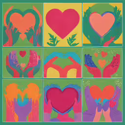 a poster with various images and a heart,six photos of different hearts with colorful graphics