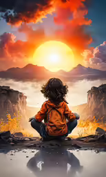 the young person is sitting on the floor looking at the sun
