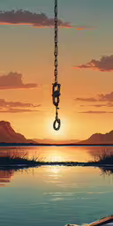 the sun is setting over a lake as a chains are hung above it,a long chain hanging from a hook next to water