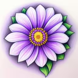 a drawing of a purple flower with green leaves,colored drawing of a flower on paper
