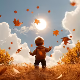 a little boy looking up at a fall sky