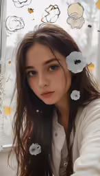 a girl in a white shirt with flowers in her hair