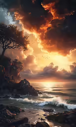 the sun is setting behind a rocky outcropping