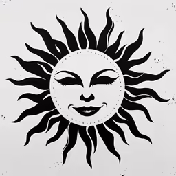 a black and white drawing of a smiling sun face