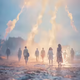 there are many people walking in front of a fire