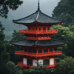 a tall building surrounded by trees in front of some mountains