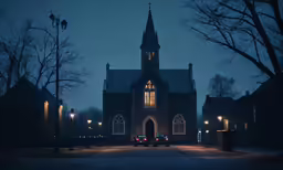 two cars parked in front of an old church