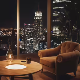 a living room filled with furniture and a window at night