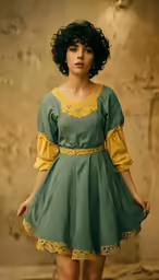 woman with black hair wearing green dress and yellow shirt