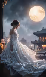 a woman in a wedding dress is standing outside at night