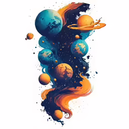 a colorful abstract drawing of an ocean with several planets and a star