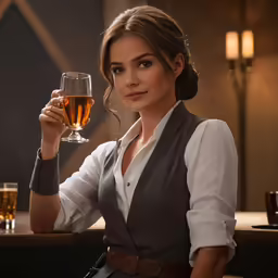 a woman sitting at a bar holding a glass of wine