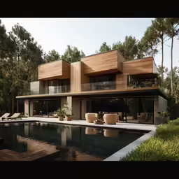 an artistic rendering of a luxury villa in the woods