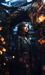 the girl is standing alone in front of decorations