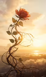 a single rose with an open bud is in the foreground with the sun peeking over the horizon