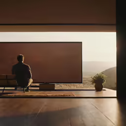 man sitting on a bench looking out a window in a home