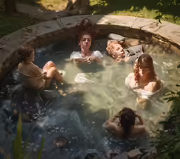 a group of people sitting in a swimming pool