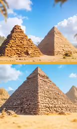 two pictures showing a very large pyramid made of bricks