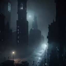 a foggy city street at night with buildings and light traffic