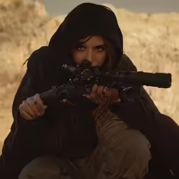 a woman is looking into her rifle with no face