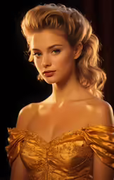 a beautiful blond woman in a gold dress