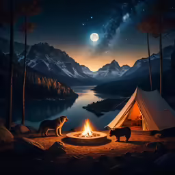 two animals are set up around a campfire
