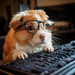 a small brown dog with glasses and a keyboard