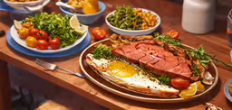a platter with baked beans and tomatoes next to other plates full of food,a plate with a piece of meat, salad and eggs on it