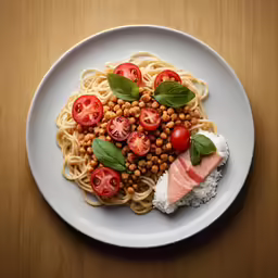 a plate of food with tomato slices, pasta and chickpeas