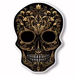 a sticker that has gold and black skulls