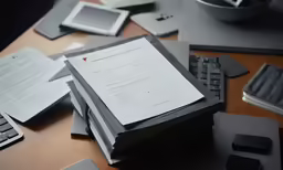 a wooden table with multiple papers and computers on top