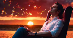 the man in a leather chair looks up as fireworks fly by,the man is enjoying his day at the lake