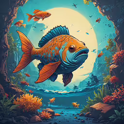 a gold fish floats over the ocean with plants and rocks,a drawing of an aquarium with two fish