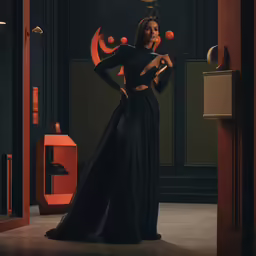a beautiful woman wearing black clothes in front of a door
