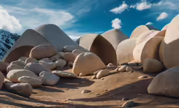 a group of rocks on the ground by some snow covered mountains