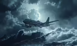 a jet plane is flying through the sky with lights on