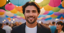 a man in a suit is standing next to some balloons