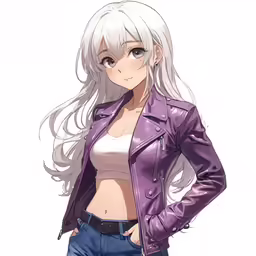 a woman in blue pants is standing with her hands on her hips