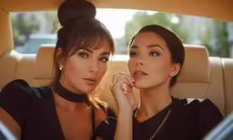 two women sitting in a car one of them has her face pressed by the other, and she is holding something to her right ear
