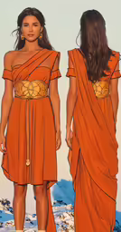 two woman wearing orange dresses are in the snow